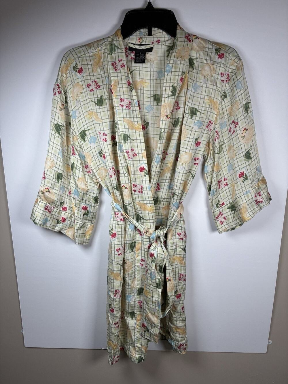 August Silk S 100% Silk Robe Green Floral Watering Can Print Cottagecore Wrap